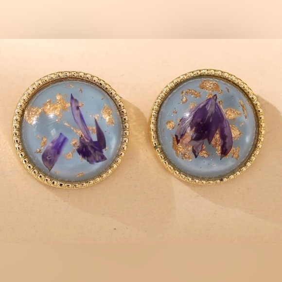 “Navy Calla Lily Petals” Blue Pressed Preserved Dried Flower Gold Flake Orb Stud - Picture 7 of 16